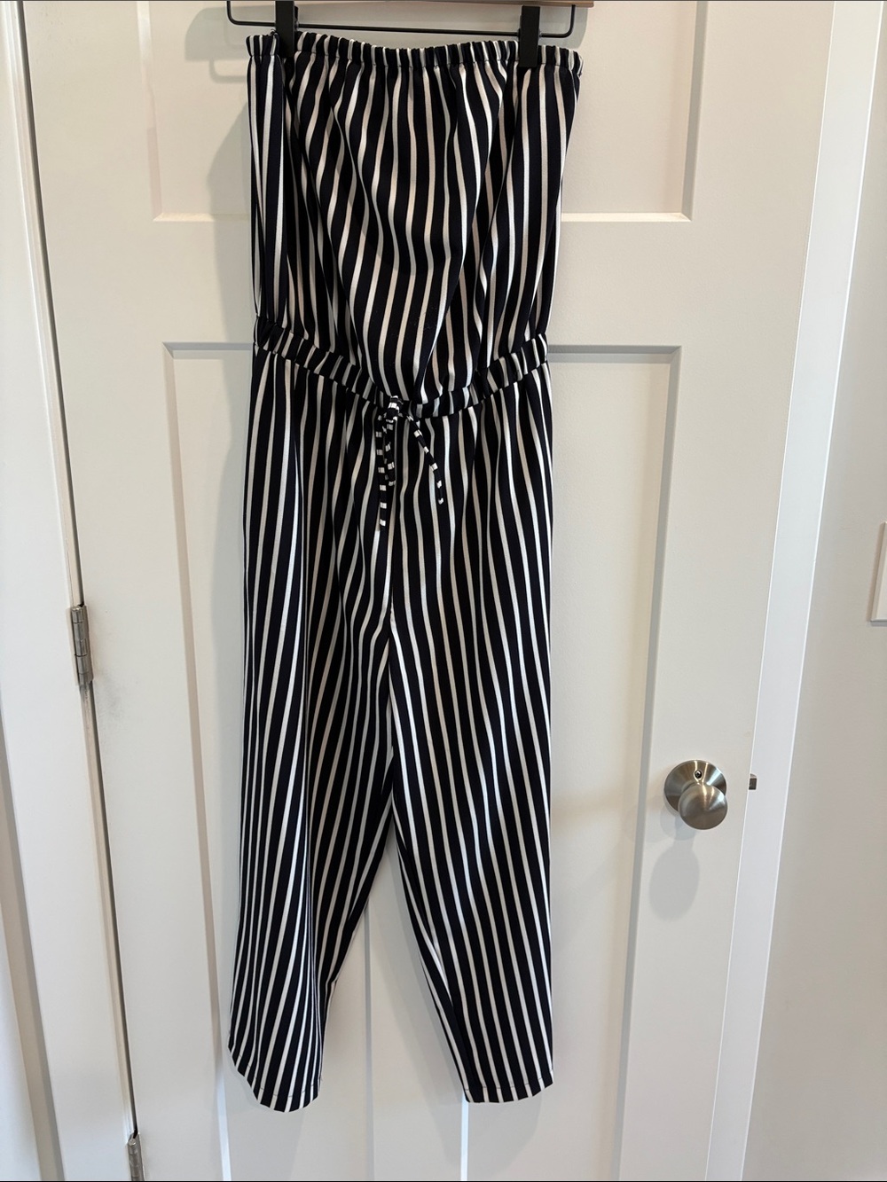 Ci Sono Black & White Vertical Stripe Strapless Jumpsuit